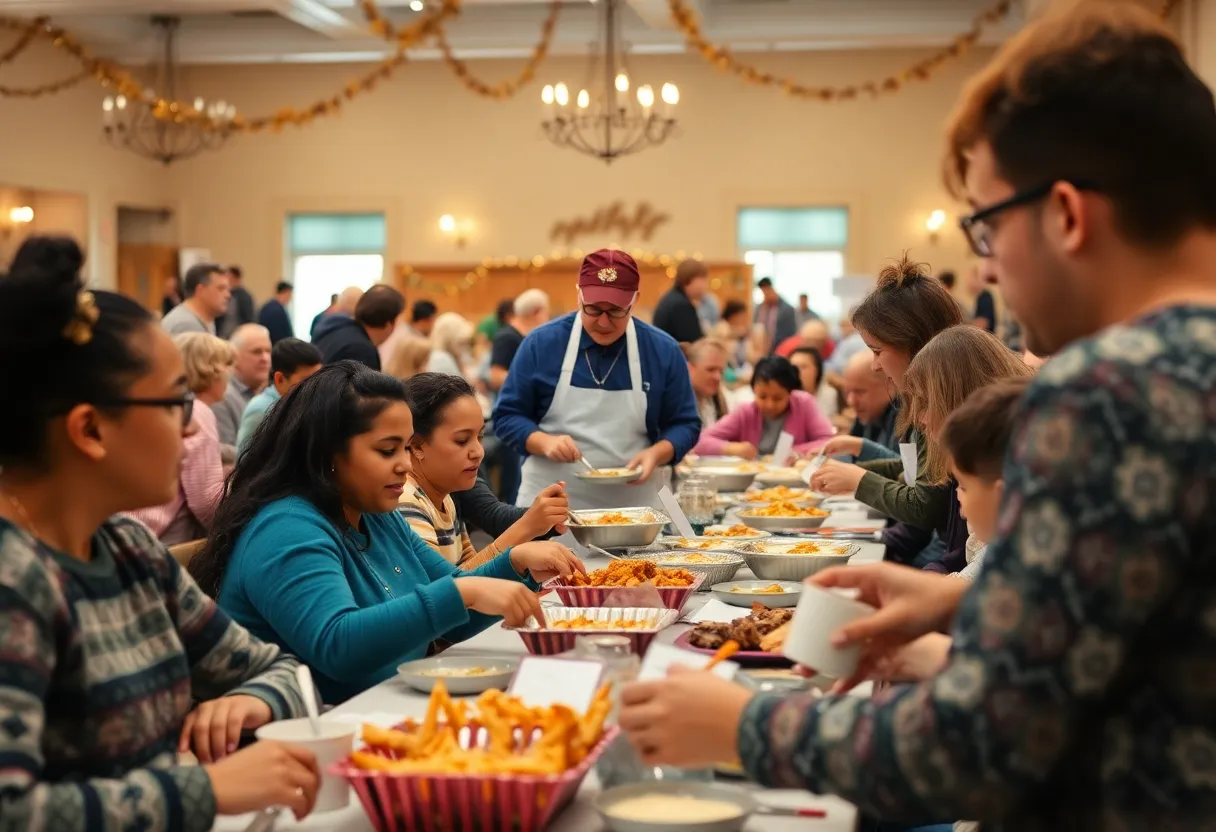 Volunteers serving meals at the Bea Gaddy Thanksgiving Dinner