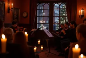 String quartet performing at a candlelight concert