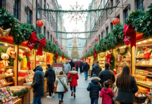 Christmas Village in Baltimore with festive decorations and vendors