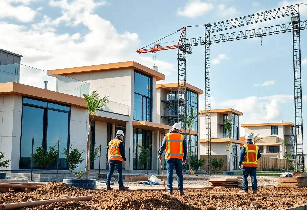 Construction site with workers on sustainable property development.