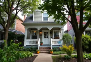 A cozy house in a Baltimore neighborhood with greenery.