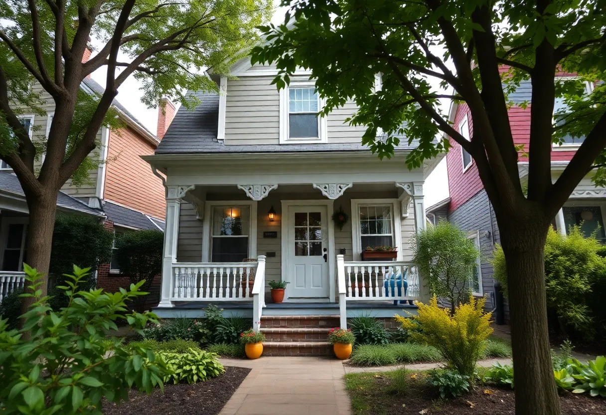 A cozy house in a Baltimore neighborhood with greenery.