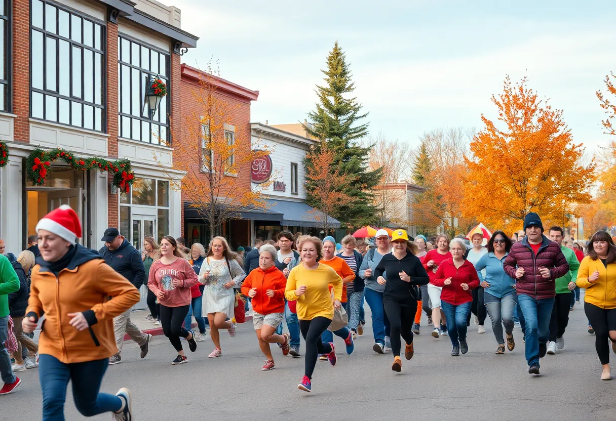 Participants in the Downtown Columbia Turkey Trot 5K running through the downtown streets decorated for Thanksgiving.