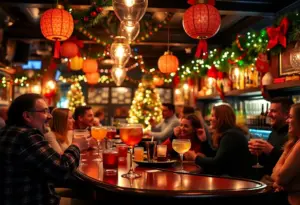 A vibrant holiday-themed bar with festive decorations and patrons enjoying drinks.