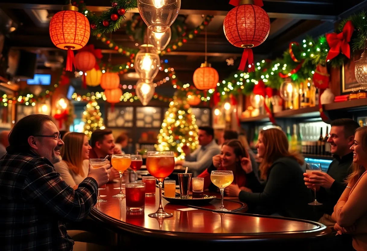 A vibrant holiday-themed bar with festive decorations and patrons enjoying drinks.