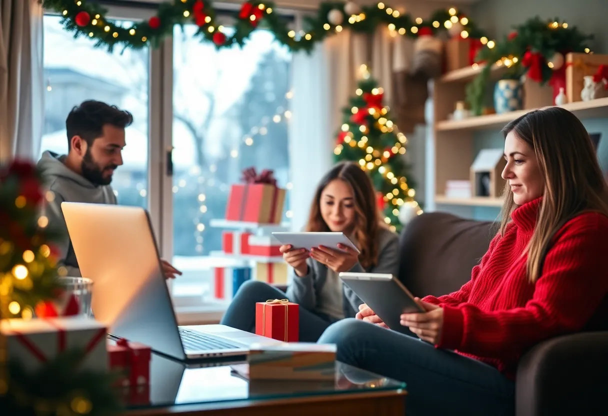 A family looking at gifts on a laptop during the holiday season.