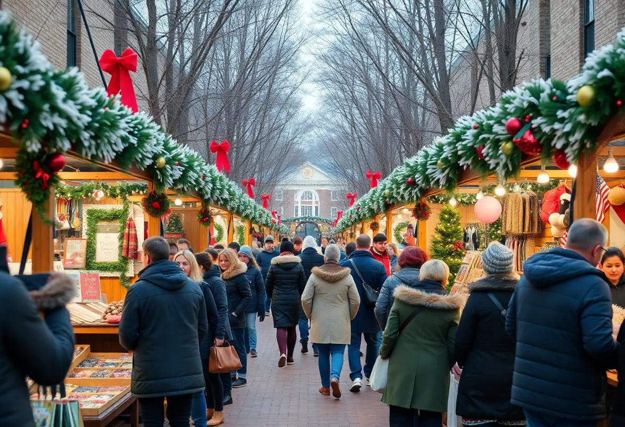 A bustling holiday market in Maryland showcasing local businesses and festive decorations.