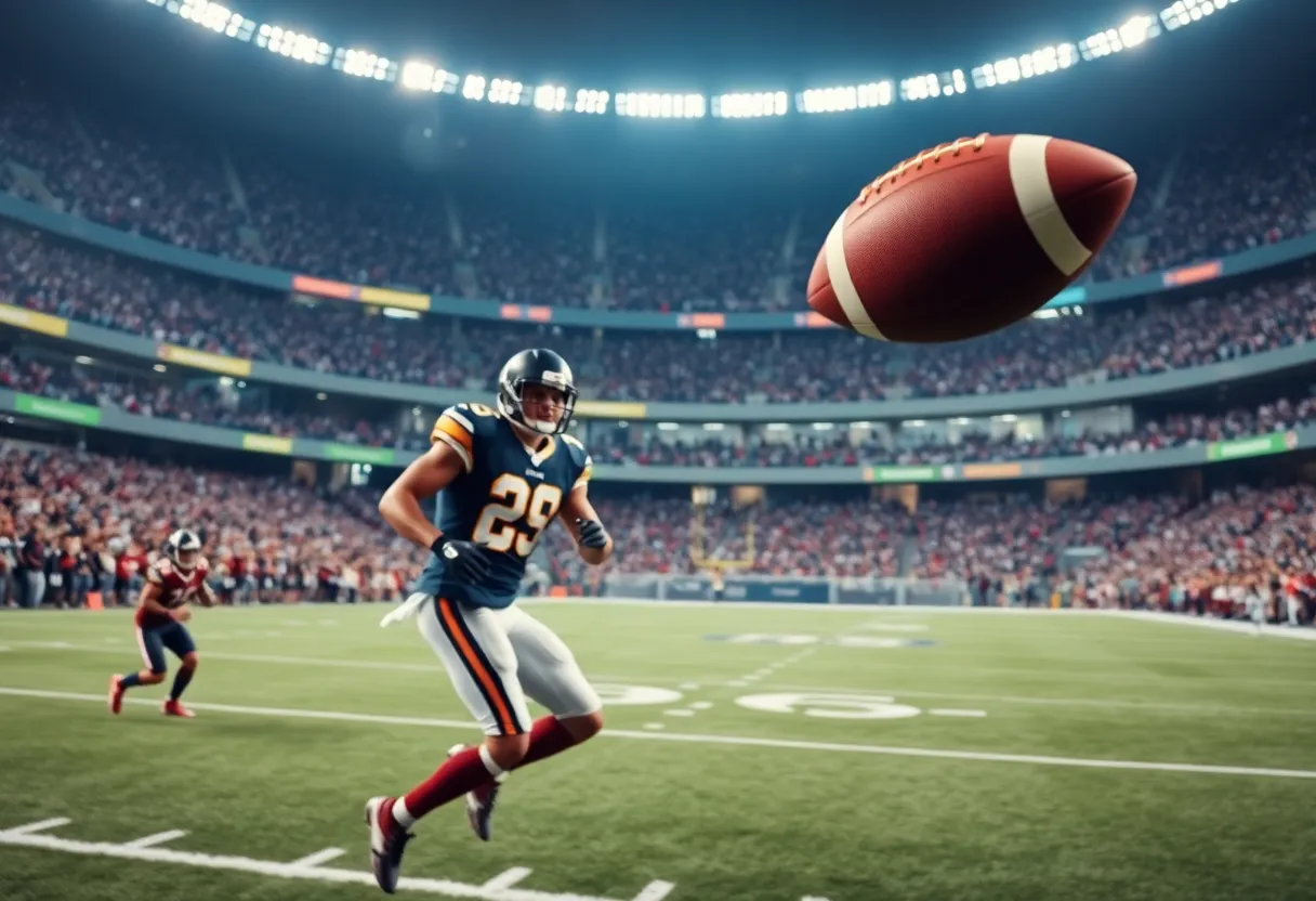 Defensive player making a great tackle in a football game