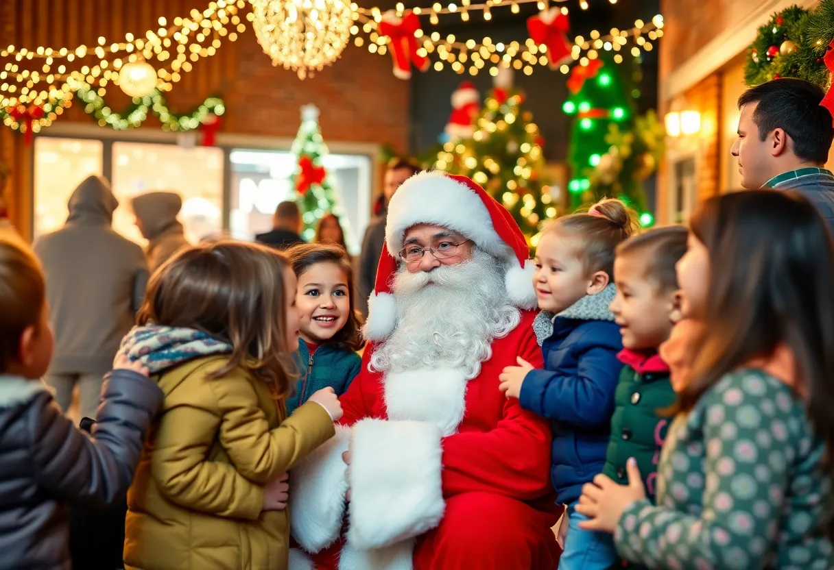 Families visiting Santa Claus in a decorated holiday setting