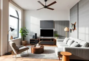 Soundproof living room with acoustic panels and renovation elements