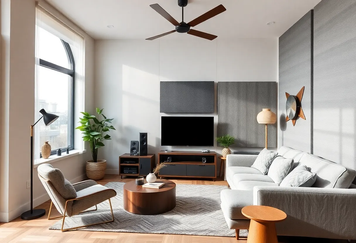Soundproof living room with acoustic panels and renovation elements