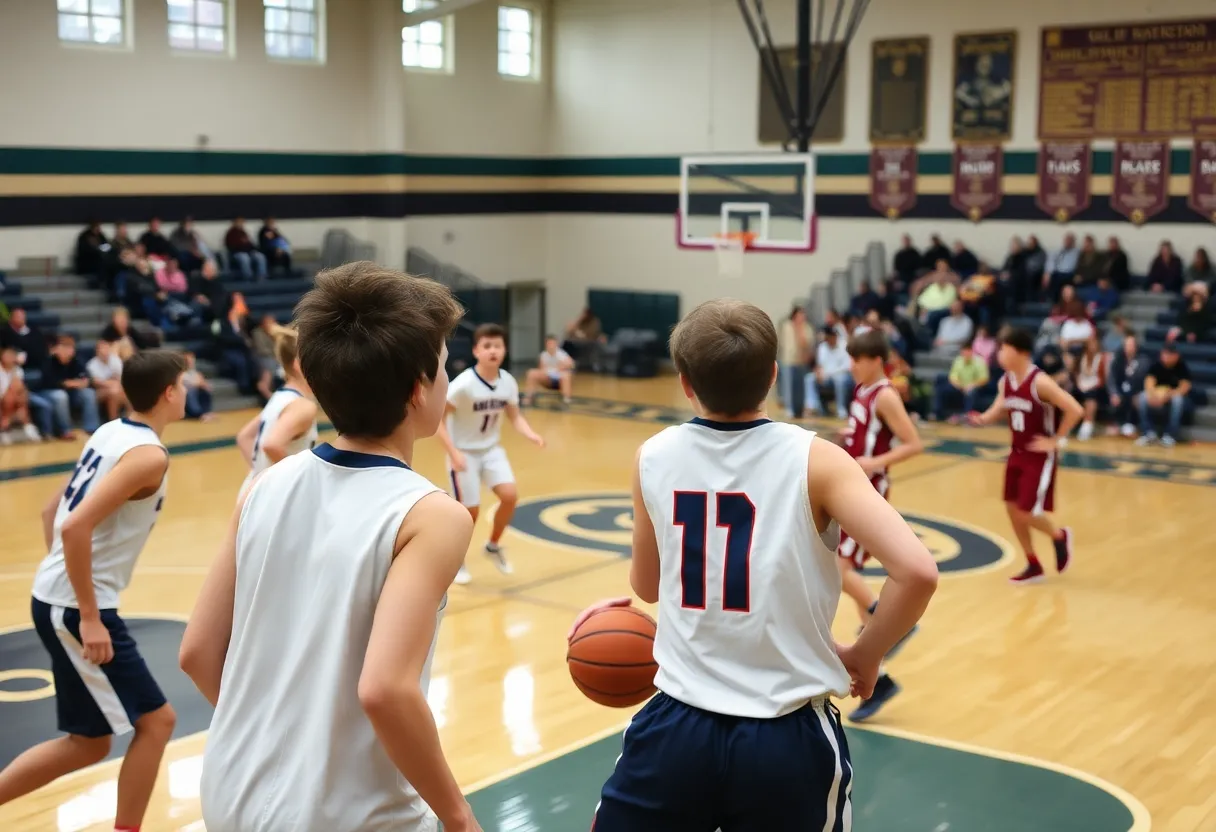 Players from St. Frances Academy celebrating their victory in a high school basketball game.