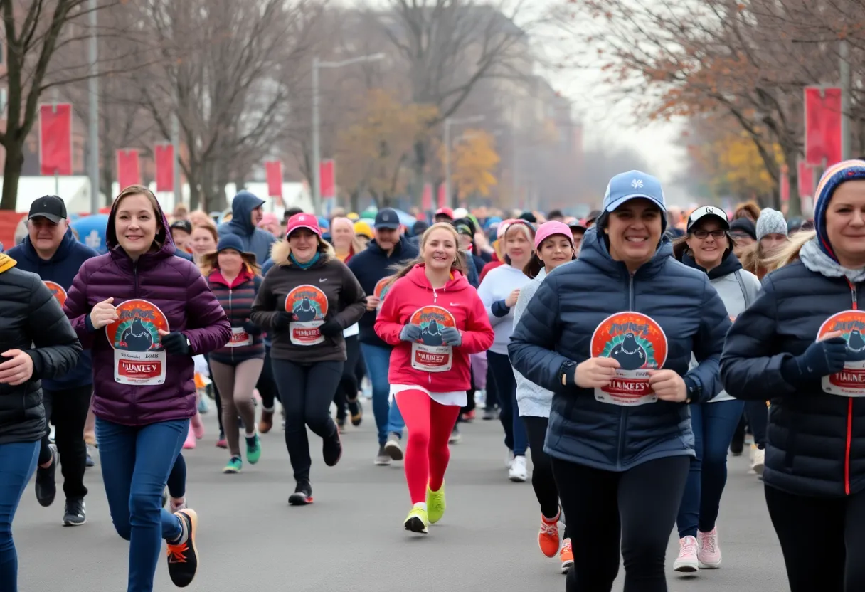 Participants of a Thanksgiving Turkey Trot running together in a community event.