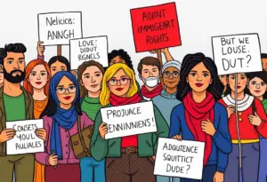 A diverse group of people holding signs for immigrant rights.