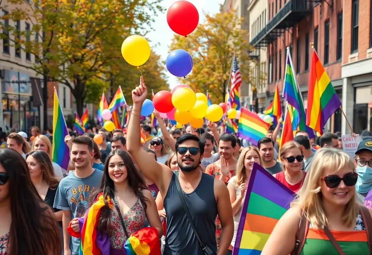 Diverse group celebrating at the Annapolis Pride Parade in autumn.