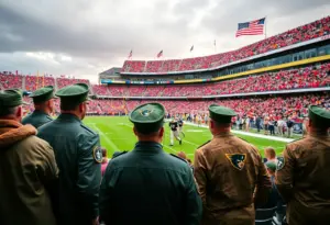 Fans celebrating at the Army-Navy football game