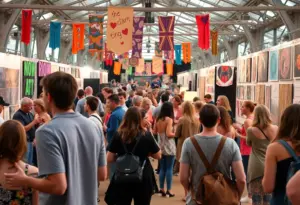 Participants enjoying the Arts+ Extravaganza at UMBC with performances and displays.