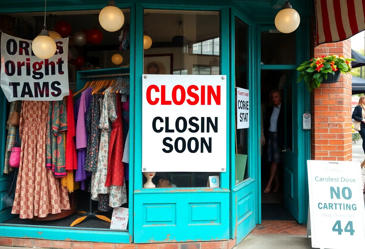 Storefront of a boutique with a closing sign.