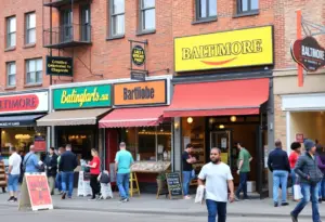 A bustling street in Baltimore with various storefronts representing local businesses.