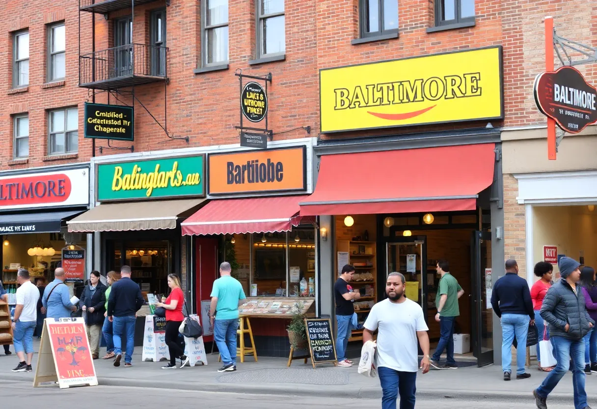 A bustling street in Baltimore with various storefronts representing local businesses.