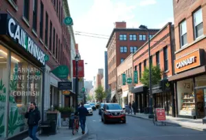 Baltimore street with cannabis shops indicating economic growth.