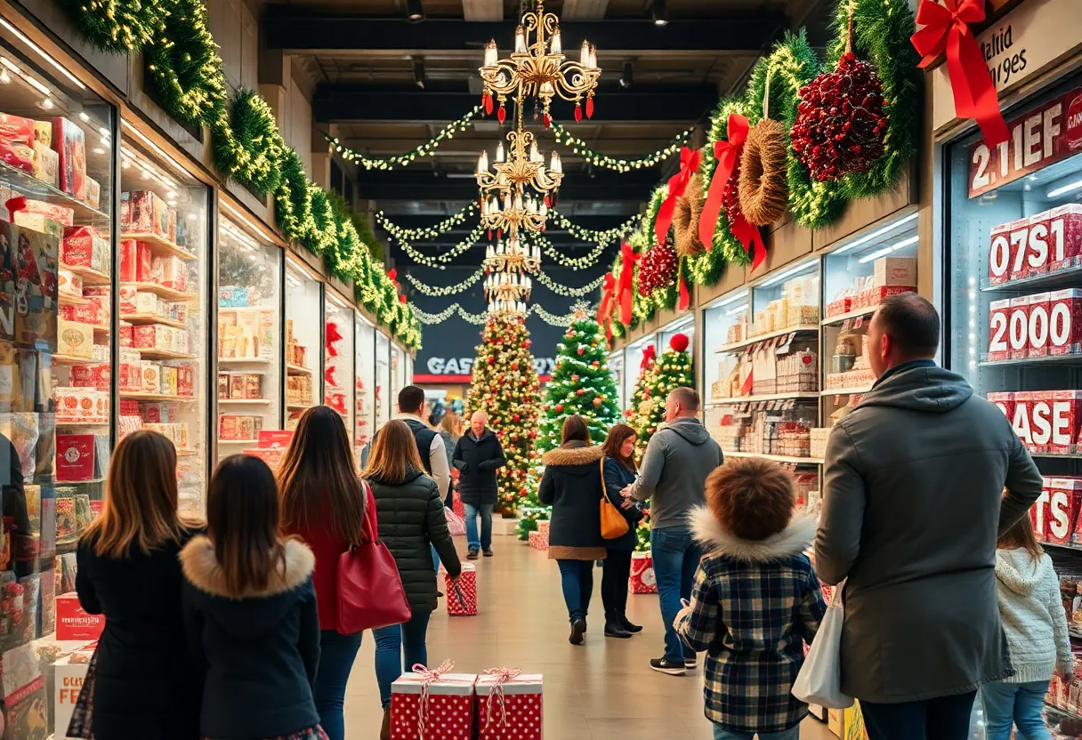 Families shopping at the Baltimore Christmas Store for discounted holiday gifts.