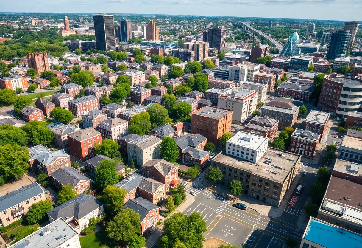 Aerial view of Baltimore City highlighting the urban landscape and affordable housing.