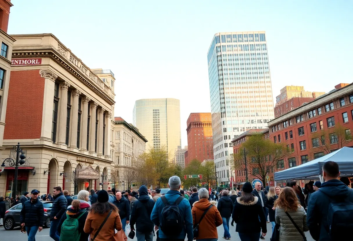A bustling Baltimore cityscape representing financial services and community involvement.