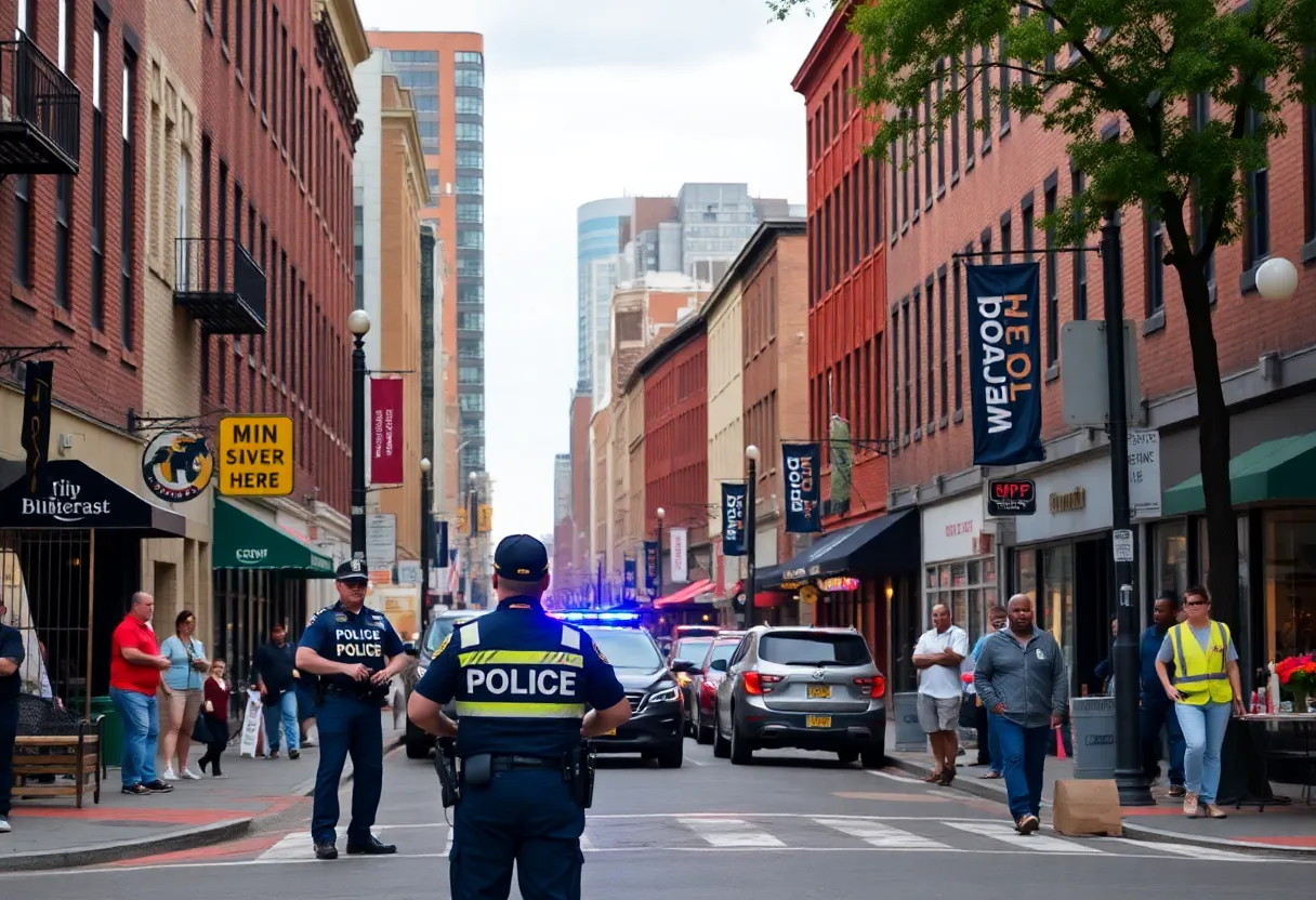A street view of a Baltimore neighborhood showcasing community safety and police presence.