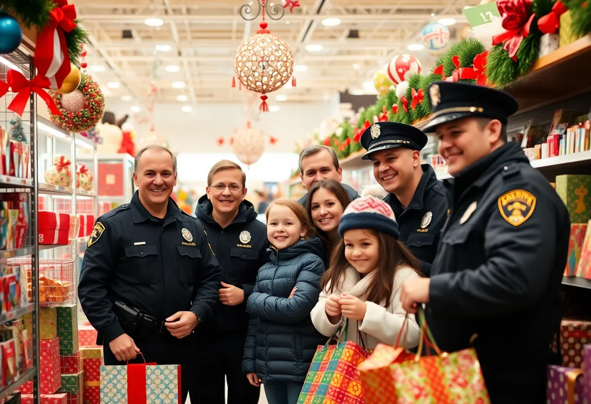 Police officers and children shopping for gifts during the Shop with a Cop event in Baltimore County.