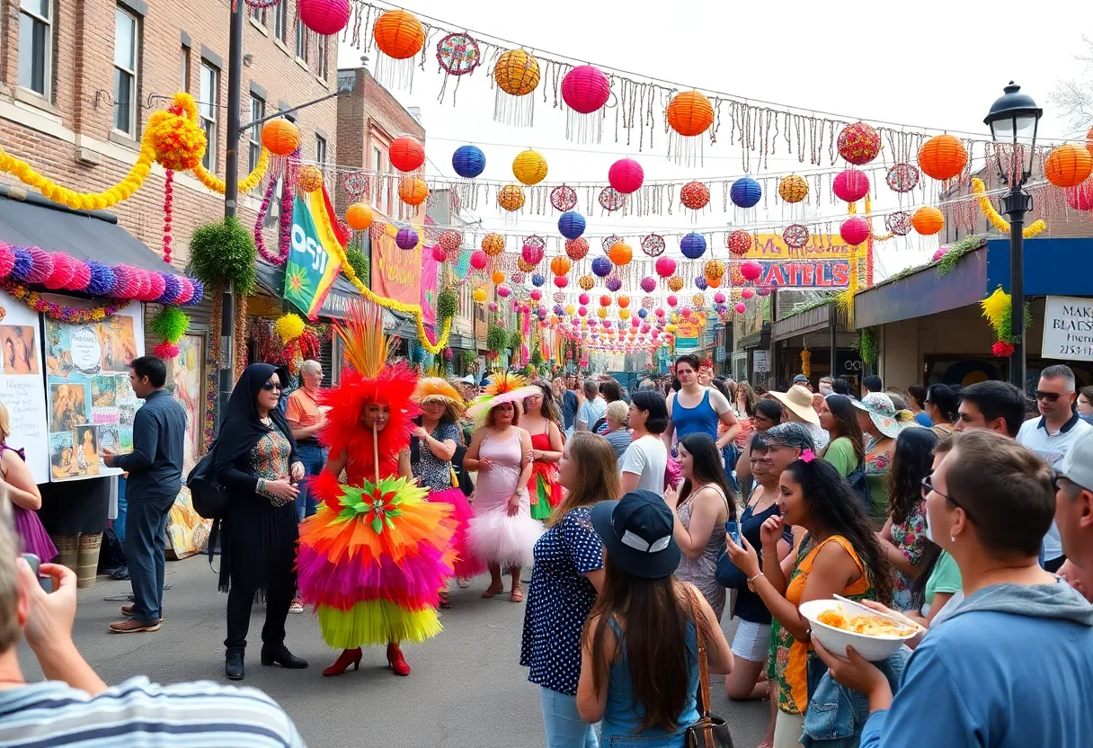 Scene from a Baltimore cultural festival featuring colorful decorations and performers