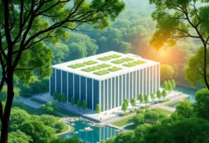 Conceptual image of a data center in Baltimore County surrounded by nature