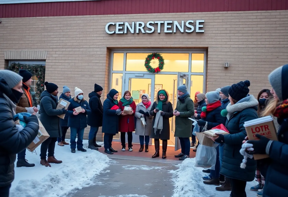 Community members receiving warm clothing and food outside the East Baltimore Day Center on Christmas Eve