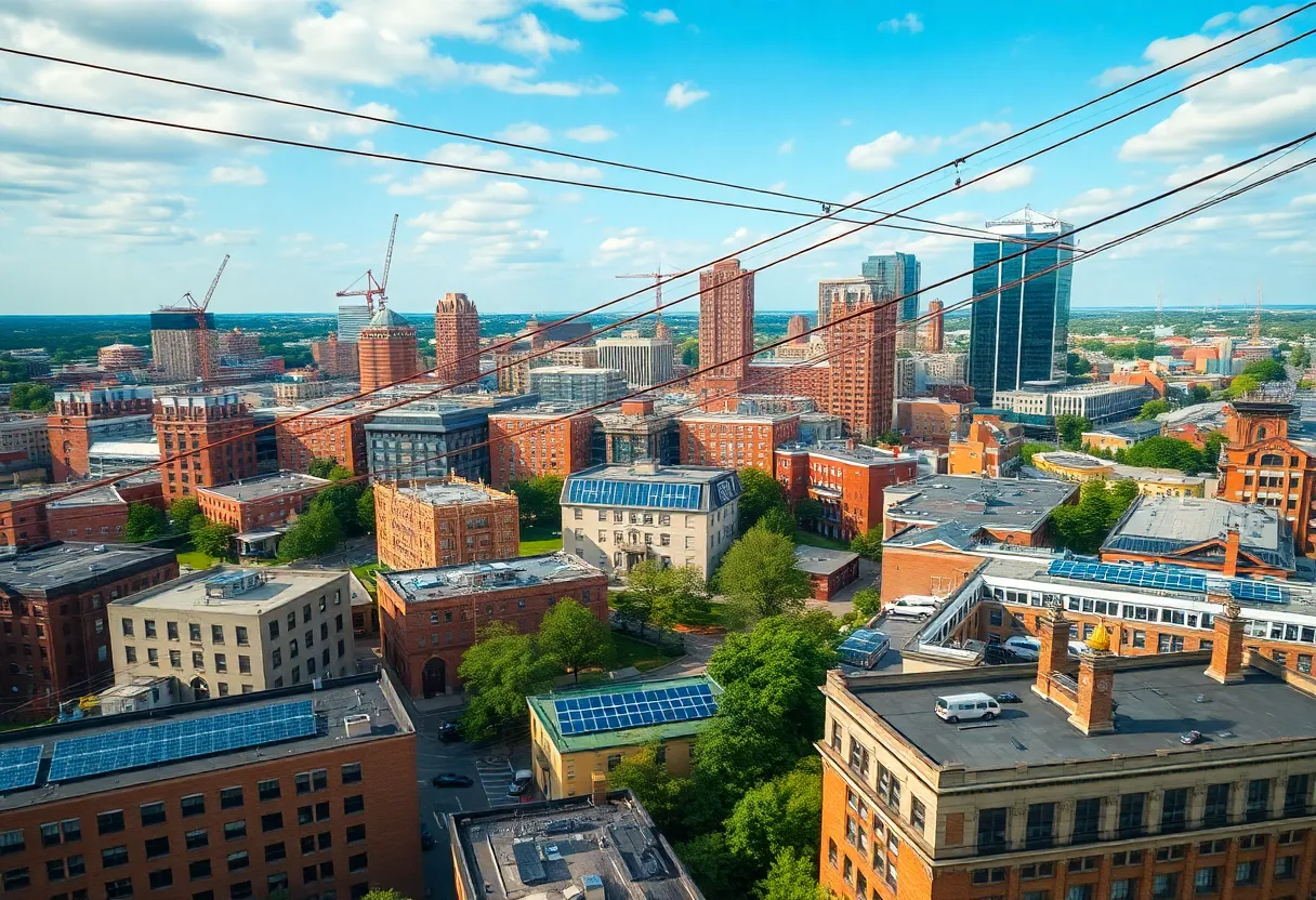 Aerial view of Baltimore city highlighting energy infrastructure including solar panels and power lines.
