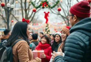 Baltimore community members engaged in holiday events with festive decorations.