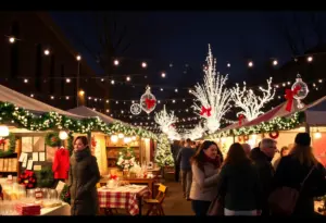 Crowd enjoying festive events in Baltimore with holiday decorations and local artisans.