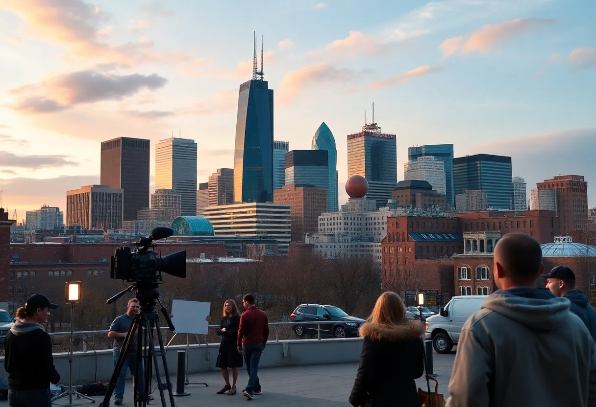 Actors auditioning in front of Baltimore's skyline