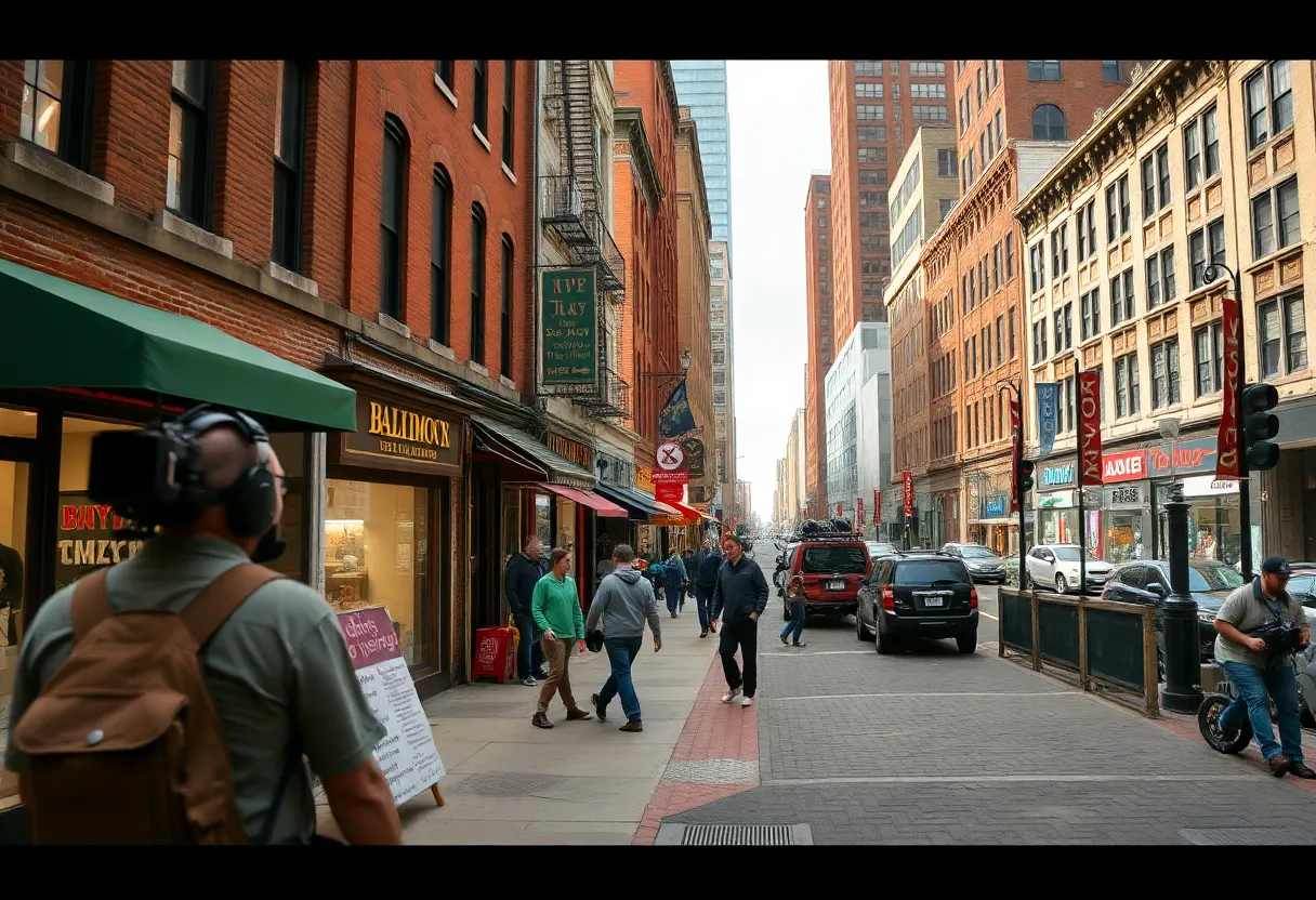 A scene from the film production in Baltimore with film crew and local businesses