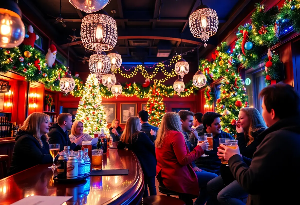 A lively holiday bar in Baltimore adorned with festive decorations and colorful lights.