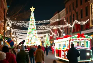 Festive holiday scene in Baltimore with lights and events.