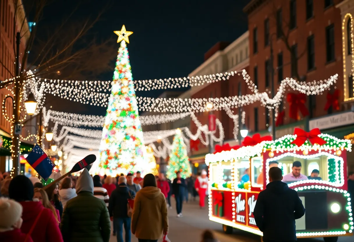 Festive holiday scene in Baltimore with lights and events.