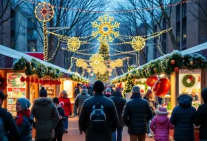 Scene of holiday festivities in Baltimore with decorations and people enjoying the activities