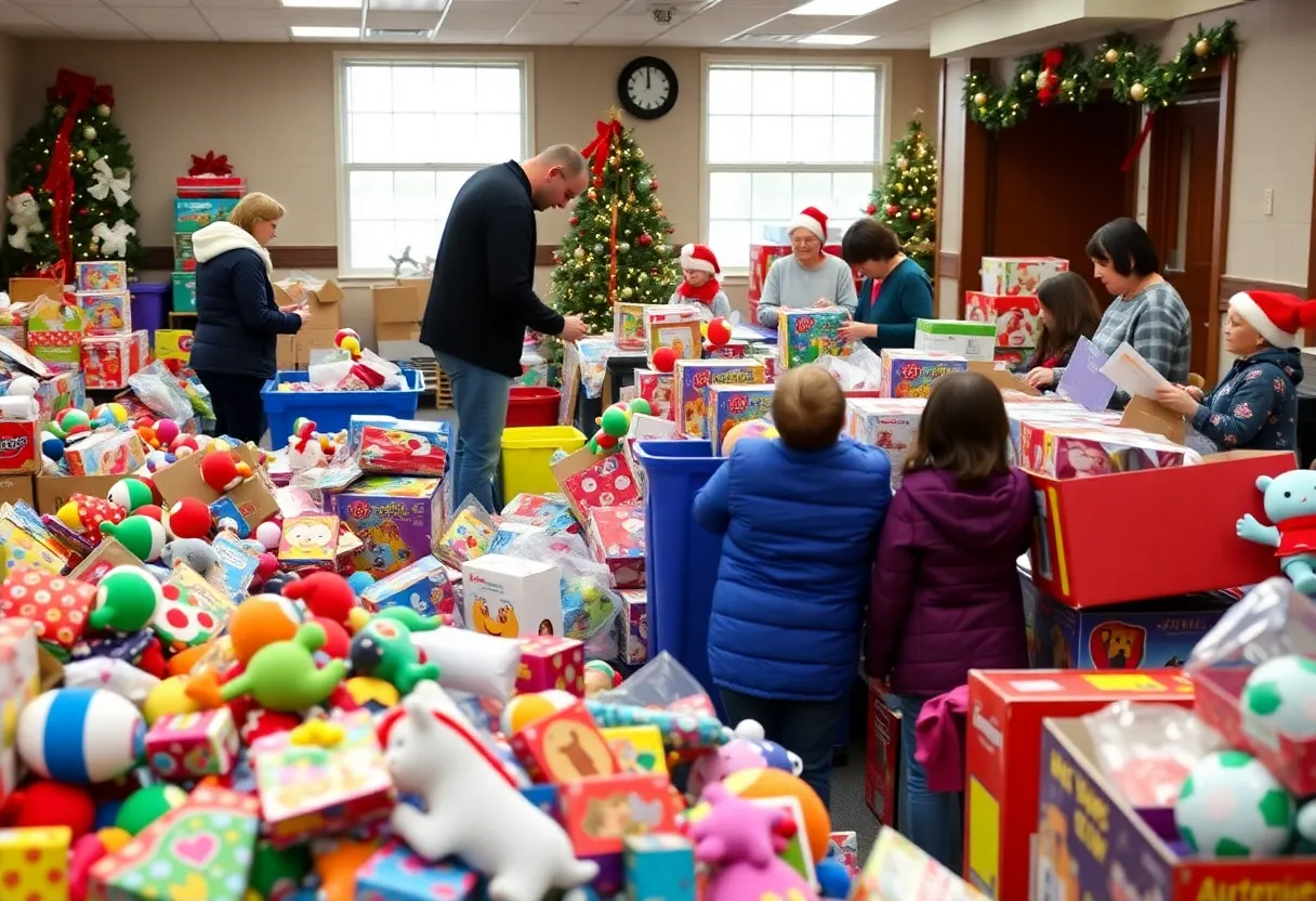 Toys stacked for the Baltimore Holiday Giveaway
