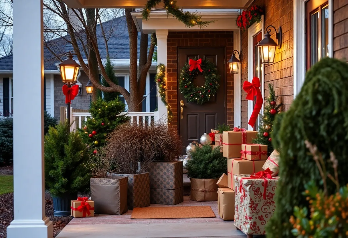 Holiday packages on porches in Baltimore neighborhood with security signs.
