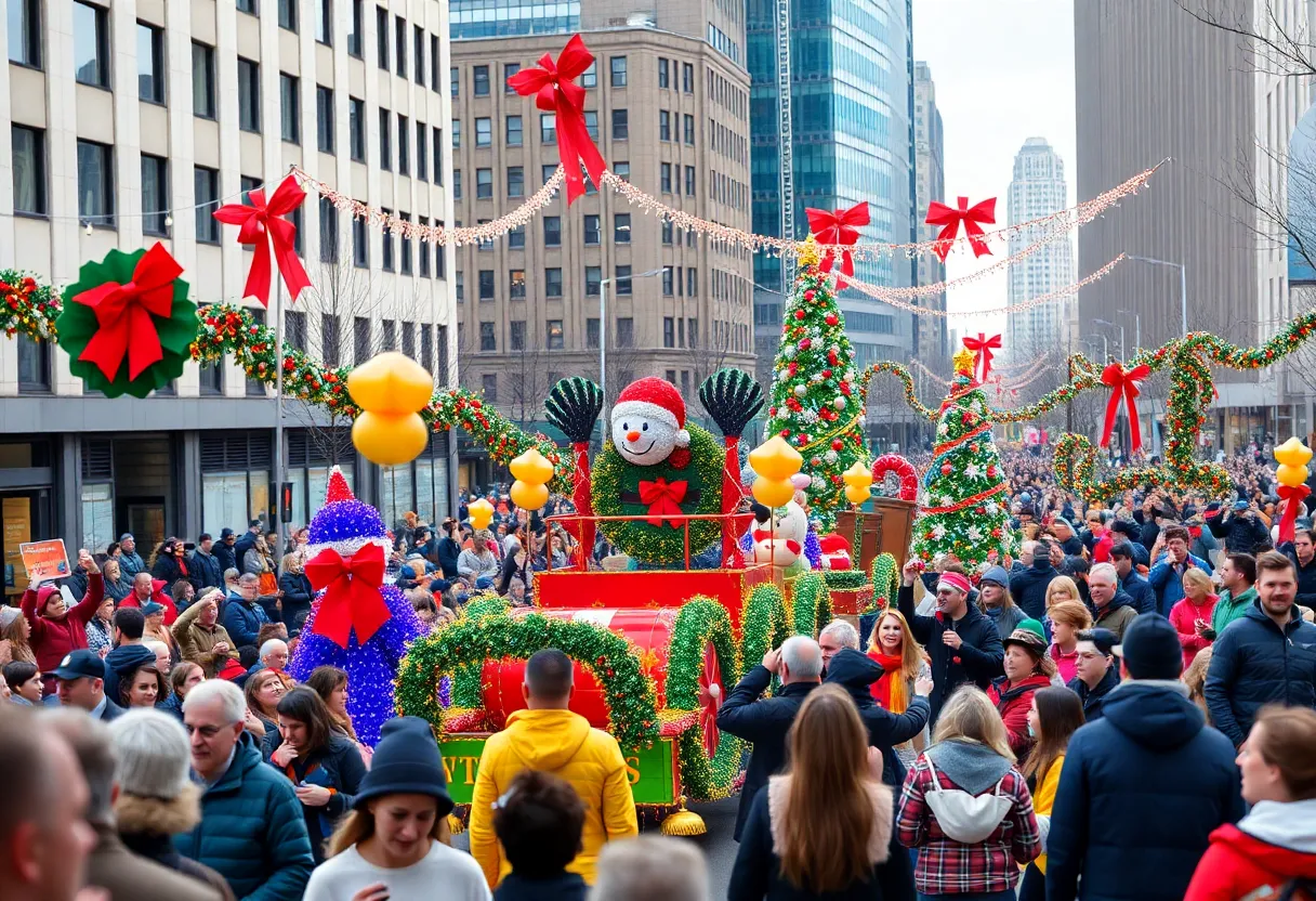 Crowds enjoying a festive holiday parade with colorful floats in Baltimore.