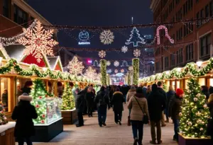 Winter celebration at Baltimore's Inner Harbor with decorations and people enjoying activities.