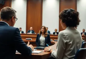 Courtroom with diverse judges discussing legal matters