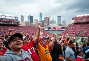 Fans celebrating at an NFL game in Baltimore stadium