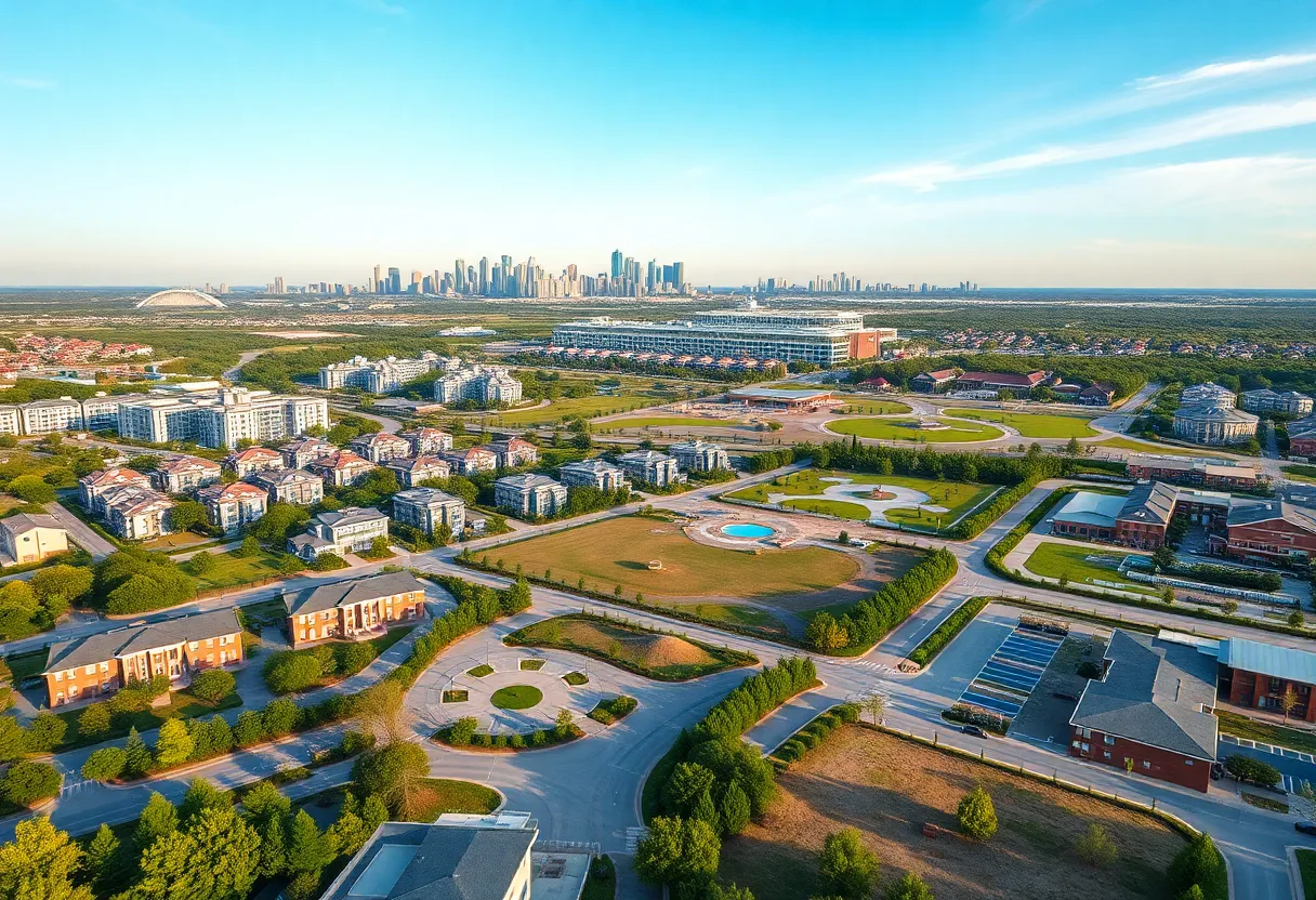 Aerial view of the Baltimore Peninsula mixed-use development showcasing residential and commercial spaces.