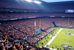 Fans at a Baltimore Ravens home game cheering in the stadium.
